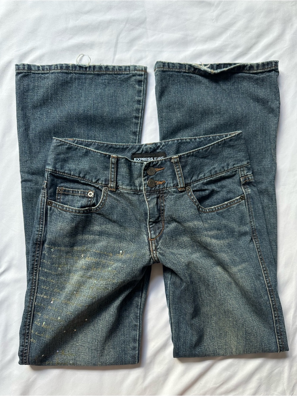 Y2K Express Women's Low Rise Bootcut Jeans in Faded Blue with Rhinestones